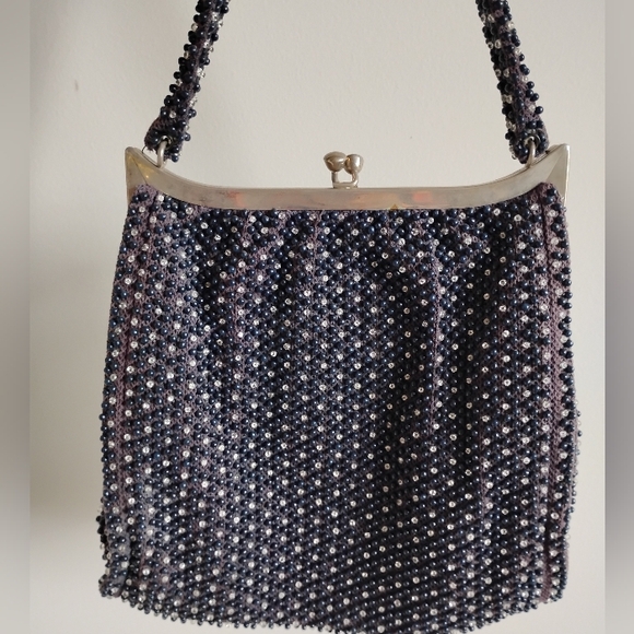 Vintage Handbags - Vintage 1960s Beaded Hand Bag Black Blue Classic Silver-Tone Kiss Clasp